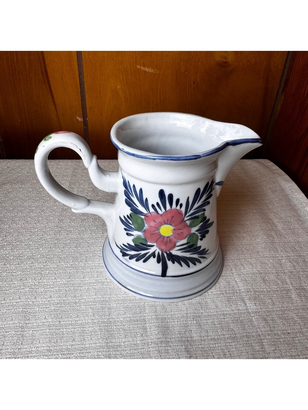 Vintage Hand Painted Floral Ceramic Pitcher Creamer Blue Trim 5 Inch Cottage - Picture 4 of 8